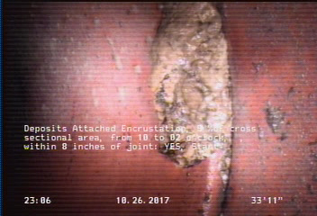 Deposits Attached Encrustation, 5 %of cross sectional area, from 10 to 02 o'clock, , within 8 inches of joint: YES, Start