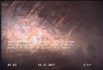 Deposits Attached Grease, 10 %of cross sectional area, from 03 to 09 o'clock, , within 8 inches of joint: YES, Start