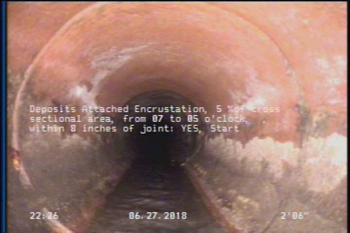Deposits Attached Encrustation, 5 %of cross sectional area, from 07 to 05 o'clock, , within 8 inches of joint: YES, Start