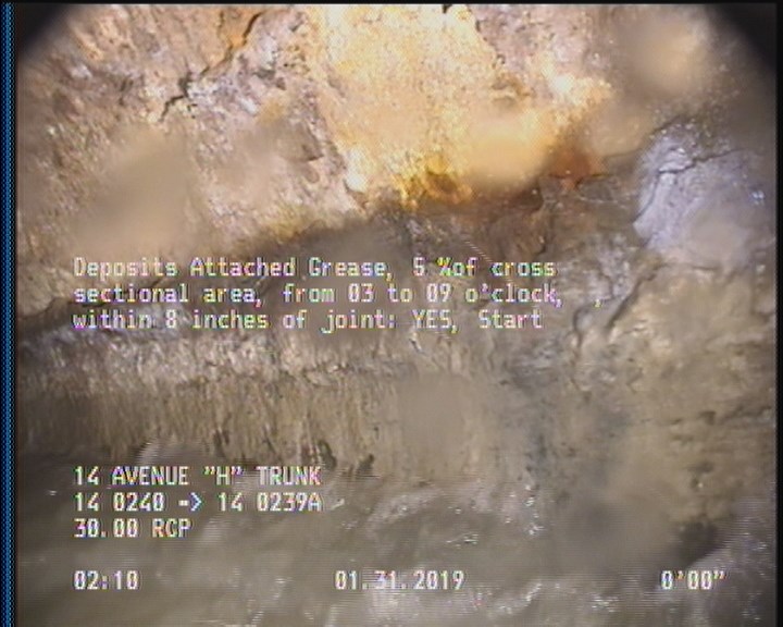 Deposits Attached Grease, 5 %of cross sectional area, from 03 to 09 o'clock, , within 8 inches of joint: YES, Start