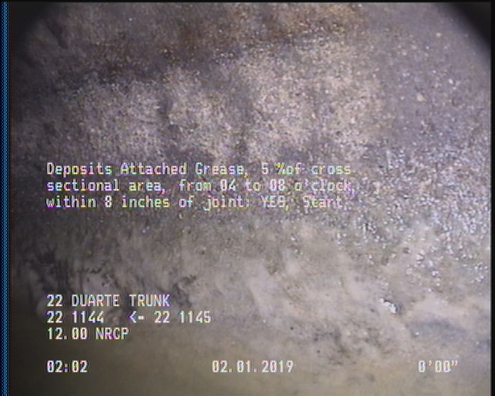 Deposits Attached Grease, 5 %of cross sectional area, from 04 to 08 o'clock, , within 8 inches of joint: YES, Start