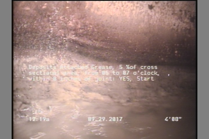 Deposits Attached Grease, 5 %of cross sectional area, from 05 to 07 o'clock, , within 8 inches of joint: YES, Start