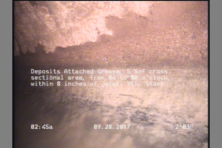 Deposits Attached Grease, 5 %of cross sectional area, from 04 to 08 o'clock, , within 8 inches of joint: YES, Start