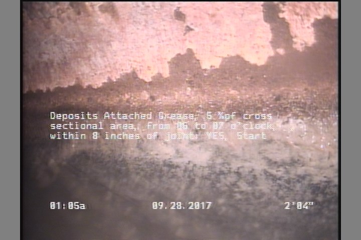 Deposits Attached Grease, 5 %of cross sectional area, from 05 to 07 o'clock, , within 8 inches of joint: YES, Start
