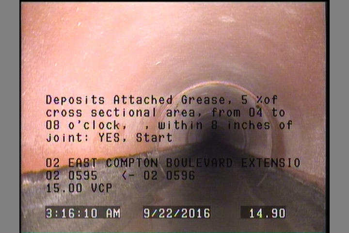 Deposits Attached Grease, 5 %of cross sectional area, from 04 to 08 o'clock, , within 8 inches of joint: YES, Start
