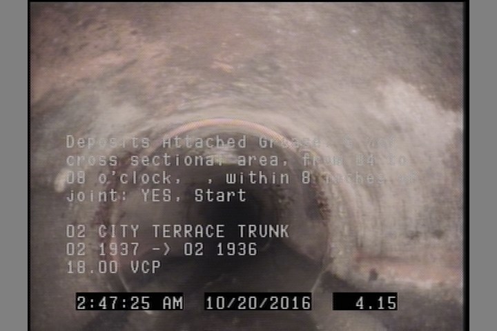 Deposits Attached Grease, 5 %of cross sectional area, from 04 to 08 o'clock, , within 8 inches of joint: YES, Start