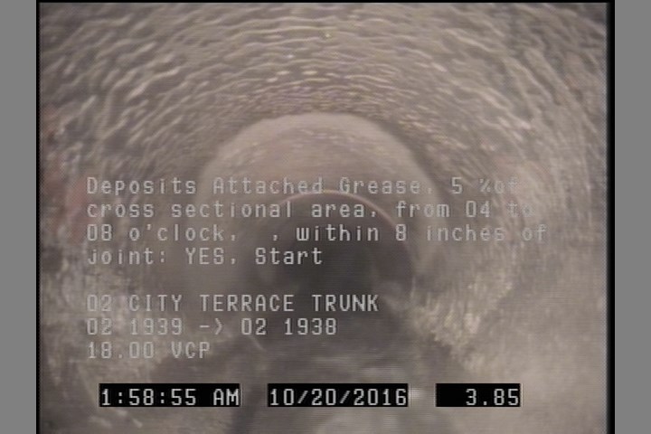 Deposits Attached Grease, 5 %of cross sectional area, from 04 to 08 o'clock, , within 8 inches of joint: YES, Start