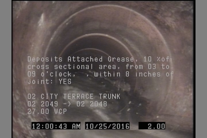 Deposits Attached Grease, 10 %of cross sectional area, from 03 to 09 o'clock, , within 8 inches of joint: YES