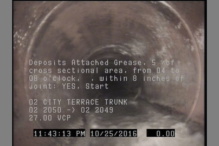 Deposits Attached Grease, 5 %of cross sectional area, from 04 to 08 o'clock, , within 8 inches of joint: YES, Start