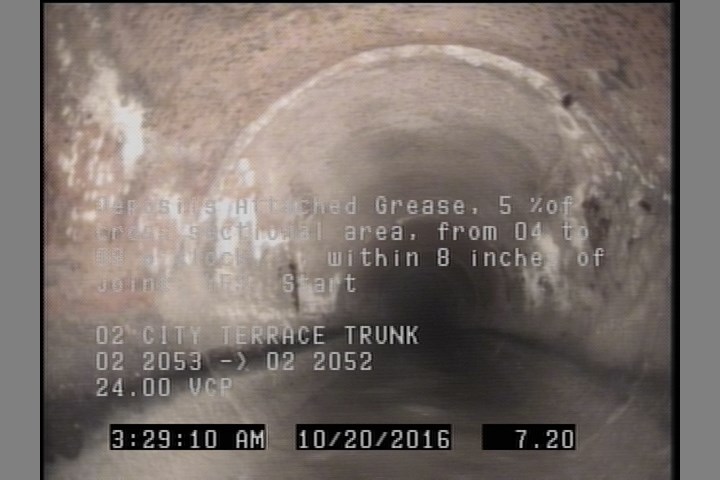 Deposits Attached Grease, 5 %of cross sectional area, from 04 to 08 o'clock, , within 8 inches of joint: YES, Start
