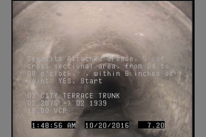 Deposits Attached Grease, 5 %of cross sectional area, from 04 to 08 o'clock, , within 8 inches of joint: YES, Start