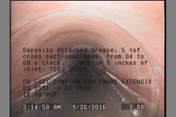 Deposits Attached Grease, 5 %of cross sectional area, from 04 to 08 o'clock, , within 8 inches of joint: YES, Start