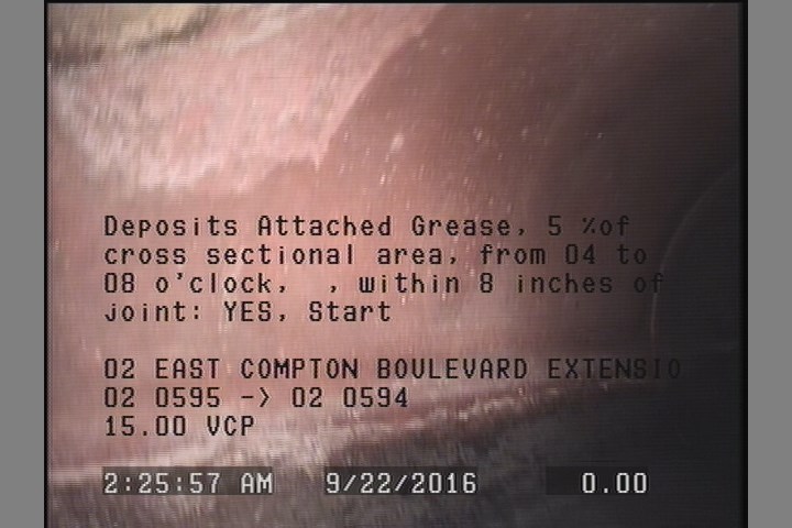 Deposits Attached Grease, 5 %of cross sectional area, from 04 to 08 o'clock, , within 8 inches of joint: YES, Start