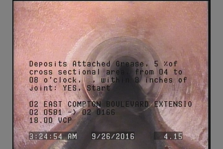 Deposits Attached Grease, 5 %of cross sectional area, from 04 to 08 o'clock, , within 8 inches of joint: YES, Start