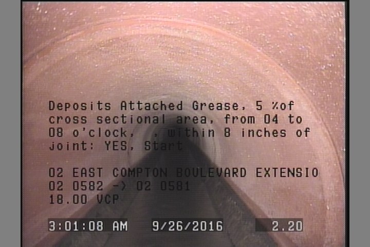 Deposits Attached Grease, 5 %of cross sectional area, from 04 to 08 o'clock, , within 8 inches of joint: YES, Start