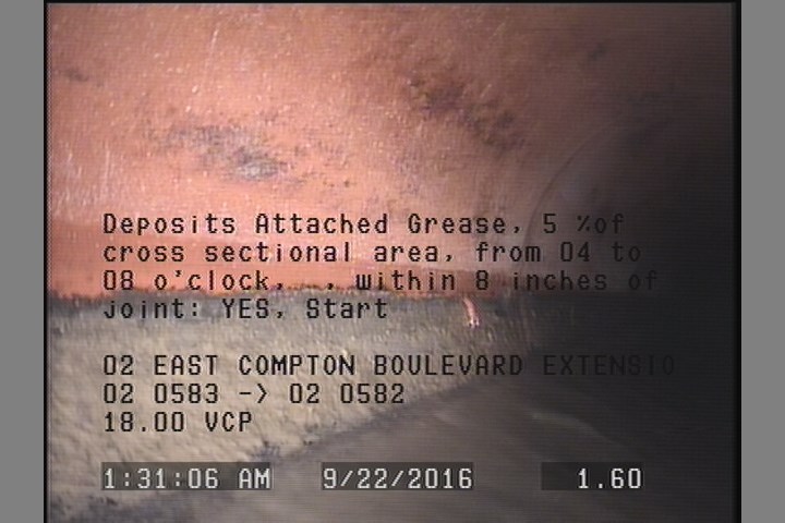 Deposits Attached Grease, 5 %of cross sectional area, from 04 to 08 o'clock, , within 8 inches of joint: YES, Start