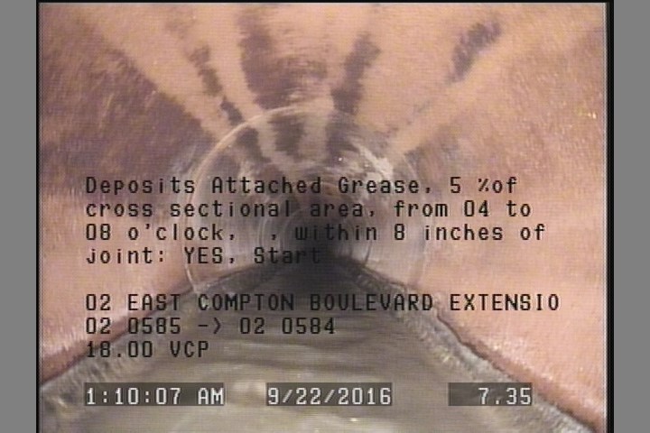 Deposits Attached Grease, 5 %of cross sectional area, from 04 to 08 o'clock, , within 8 inches of joint: YES, Start