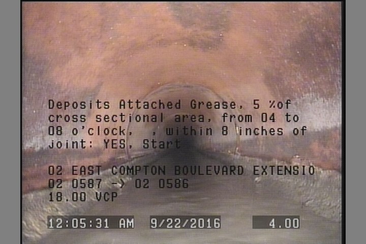 Deposits Attached Grease, 5 %of cross sectional area, from 04 to 08 o'clock, , within 8 inches of joint: YES, Start