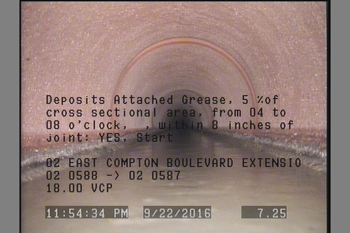 Deposits Attached Grease, 5 %of cross sectional area, from 04 to 08 o'clock, , within 8 inches of joint: YES, Start