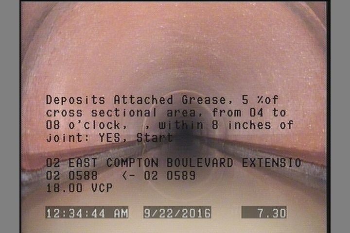Deposits Attached Grease, 5 %of cross sectional area, from 04 to 08 o'clock, , within 8 inches of joint: YES, Start