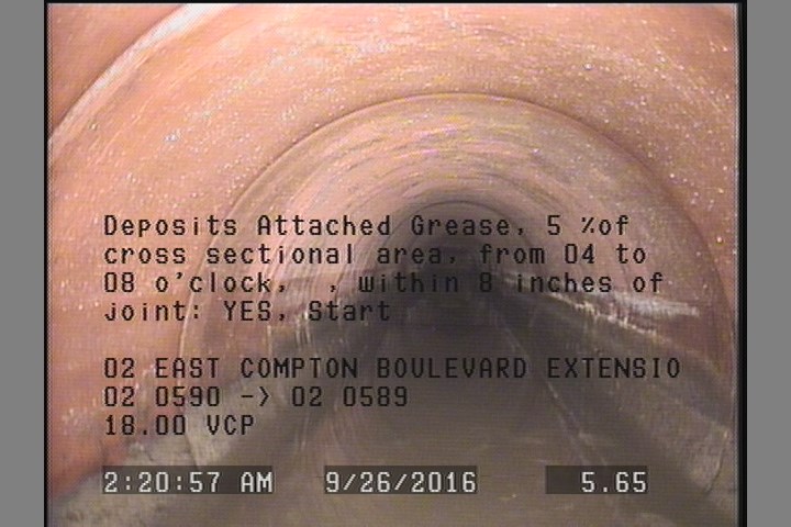 Deposits Attached Grease, 5 %of cross sectional area, from 04 to 08 o'clock, , within 8 inches of joint: YES, Start