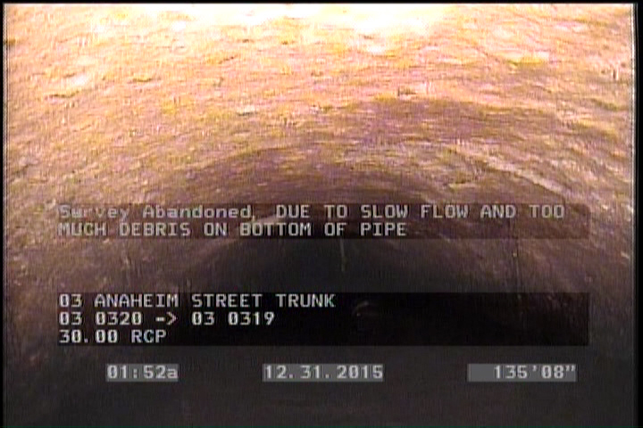 Survey Abandoned - DUE TO SLOW FLOW AND TOO MUCH DEBRIS ON BOTTOM OF PIPE