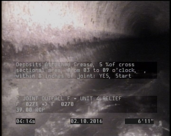 Deposits Attached Grease, 5 %of cross sectional area, from 03 to 09 o'clock, , within 8 inches of joint: YES, Start