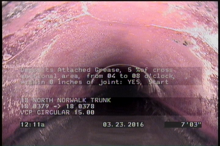 Deposits Attached Grease, 5 %of cross sectional area, from 04 to 08 o'clock, , within 8 inches of joint: YES, Start