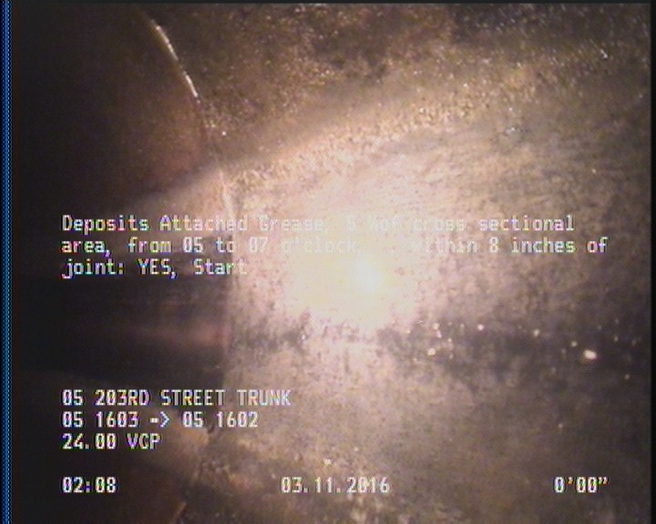 Deposits Attached Grease, 5 %of cross sectional area, from 05 to 07 o'clock, , within 8 inches of joint: YES, Start