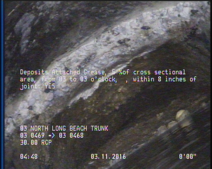 Deposits Attached Grease, 5 %of cross sectional area, from 03 to 03 o'clock, , within 8 inches of joint: YES