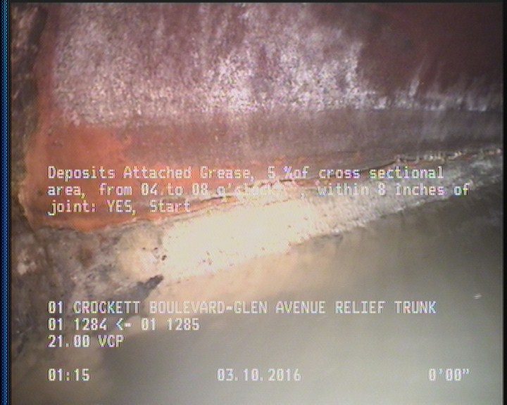Deposits Attached Grease, 5 %of cross sectional area, from 04 to 08 o'clock, , within 8 inches of joint: YES, Start