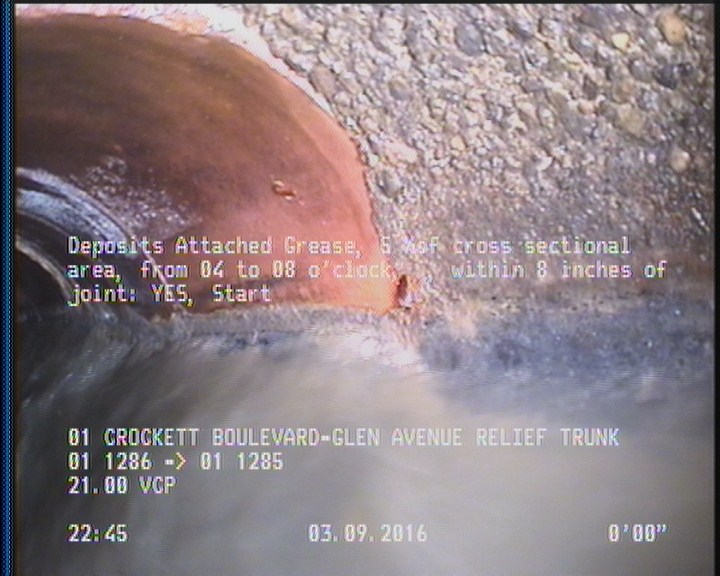 Deposits Attached Grease, 5 %of cross sectional area, from 04 to 08 o'clock, , within 8 inches of joint: YES, Start