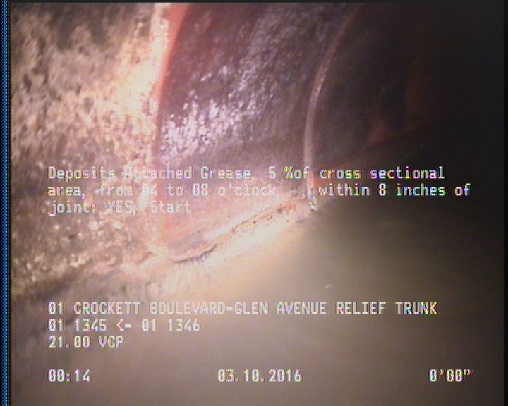 Deposits Attached Grease, 5 %of cross sectional area, from 04 to 08 o'clock, , within 8 inches of joint: YES, Start