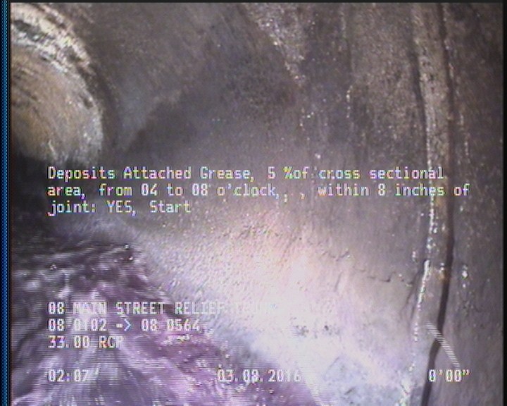 Deposits Attached Grease, 5 %of cross sectional area, from 04 to 08 o'clock, , within 8 inches of joint: YES, Start