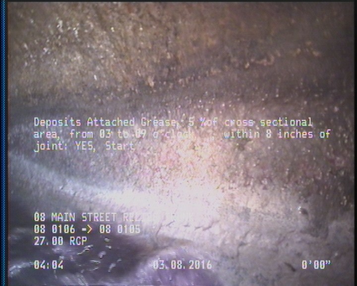 Deposits Attached Grease, 5 %of cross sectional area, from 03 to 09 o'clock, , within 8 inches of joint: YES, Start