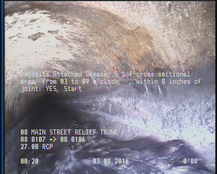 Deposits Attached Grease, 5 %of cross sectional area, from 03 to 09 o'clock, , within 8 inches of joint: YES, Start