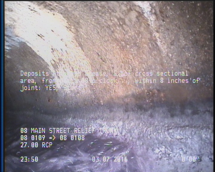 Deposits Attached Grease, 5 %of cross sectional area, from 04 to 08 o'clock, , within 8 inches of joint: YES, Start