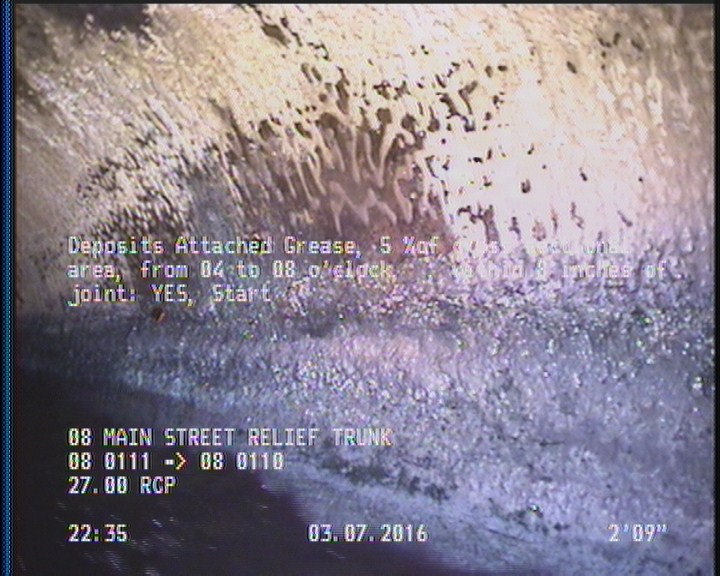 Deposits Attached Grease, 5 %of cross sectional area, from 04 to 08 o'clock, , within 8 inches of joint: YES, Start