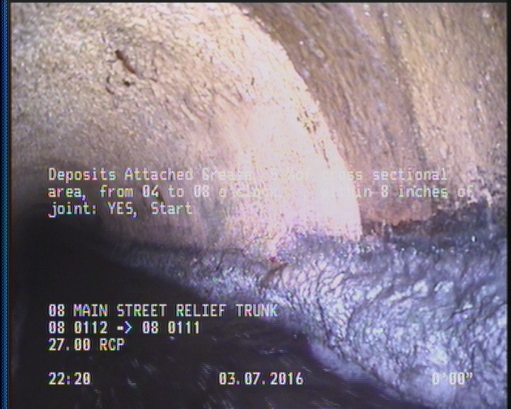 Deposits Attached Grease, 5 %of cross sectional area, from 04 to 08 o'clock, , within 8 inches of joint: YES, Start