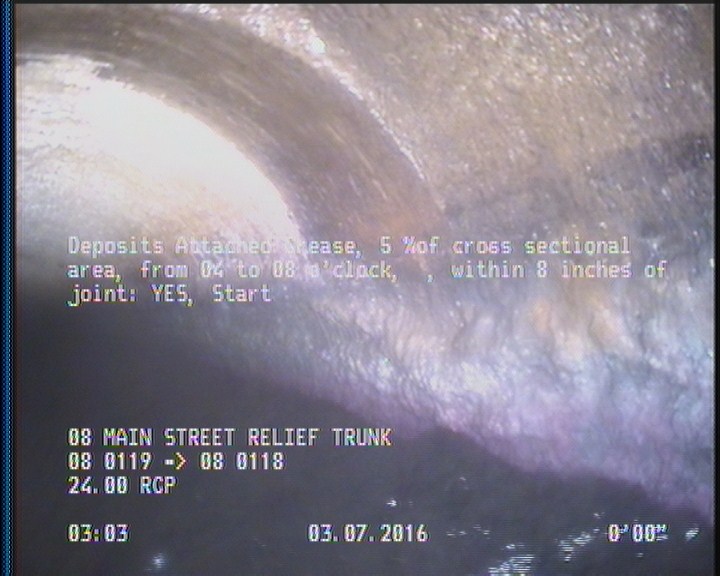Deposits Attached Grease, 5 %of cross sectional area, from 04 to 08 o'clock, , within 8 inches of joint: YES, Start