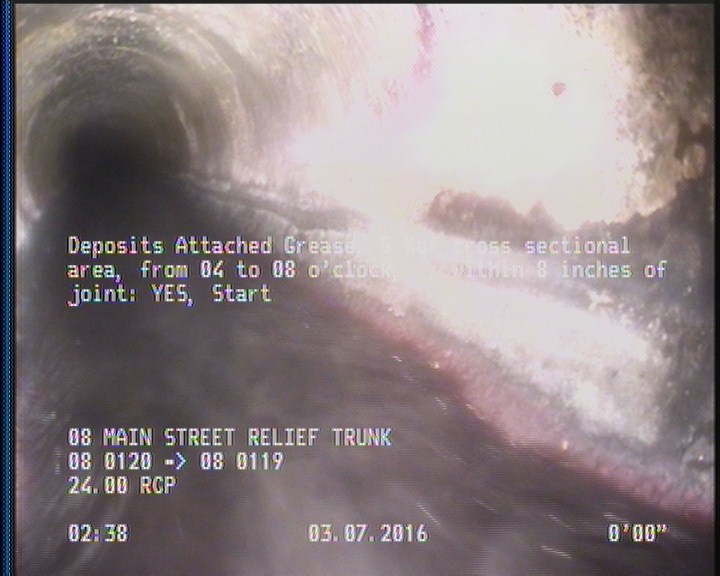 Deposits Attached Grease, 5 %of cross sectional area, from 04 to 08 o'clock, , within 8 inches of joint: YES, Start