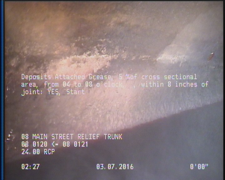 Deposits Attached Grease, 5 %of cross sectional area, from 04 to 08 o'clock, , within 8 inches of joint: YES, Start