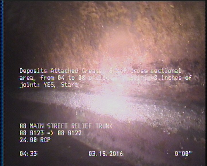 Deposits Attached Grease, 5 %of cross sectional area, from 04 to 08 o'clock, , within 8 inches of joint: YES, Start