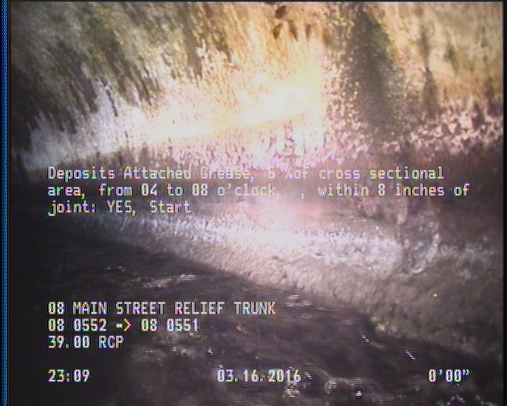 Deposits Attached Grease, 5 %of cross sectional area, from 04 to 08 o'clock, , within 8 inches of joint: YES, Start