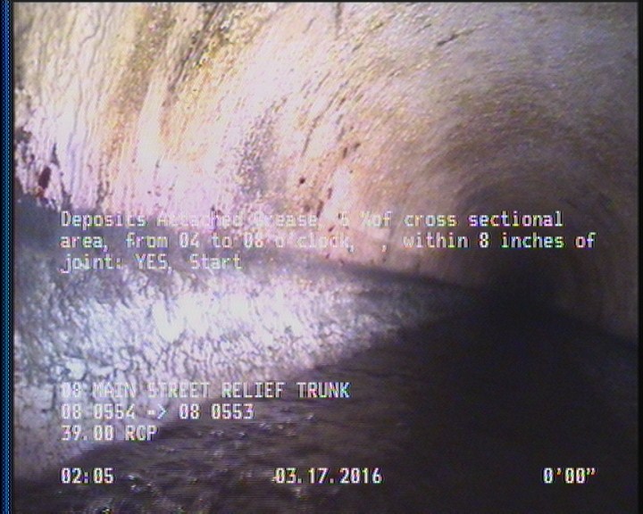 Deposits Attached Grease, 5 %of cross sectional area, from 04 to 08 o'clock, , within 8 inches of joint: YES, Start