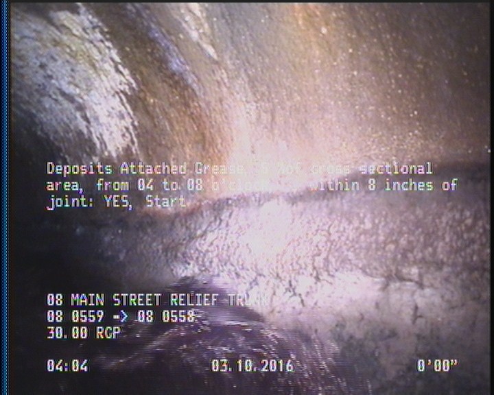 Deposits Attached Grease, 5 %of cross sectional area, from 04 to 08 o'clock, , within 8 inches of joint: YES, Start