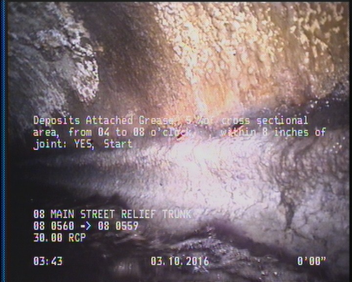 Deposits Attached Grease, 5 %of cross sectional area, from 04 to 08 o'clock, , within 8 inches of joint: YES, Start