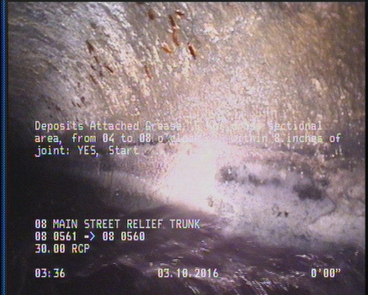 Deposits Attached Grease, 5 %of cross sectional area, from 04 to 08 o'clock, , within 8 inches of joint: YES, Start