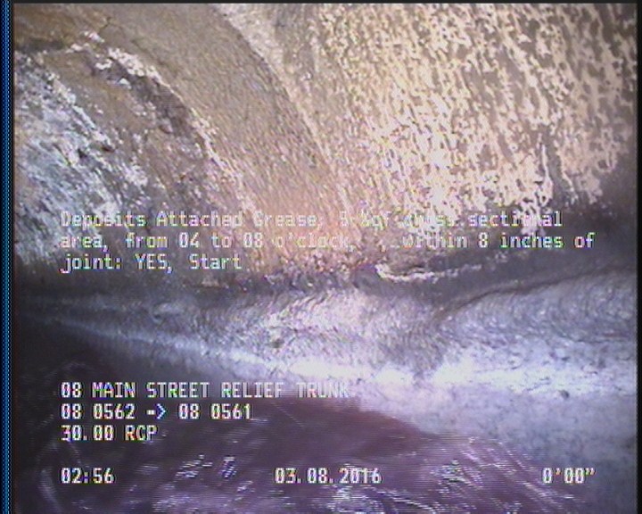 Deposits Attached Grease, 5 %of cross sectional area, from 04 to 08 o'clock, , within 8 inches of joint: YES, Start