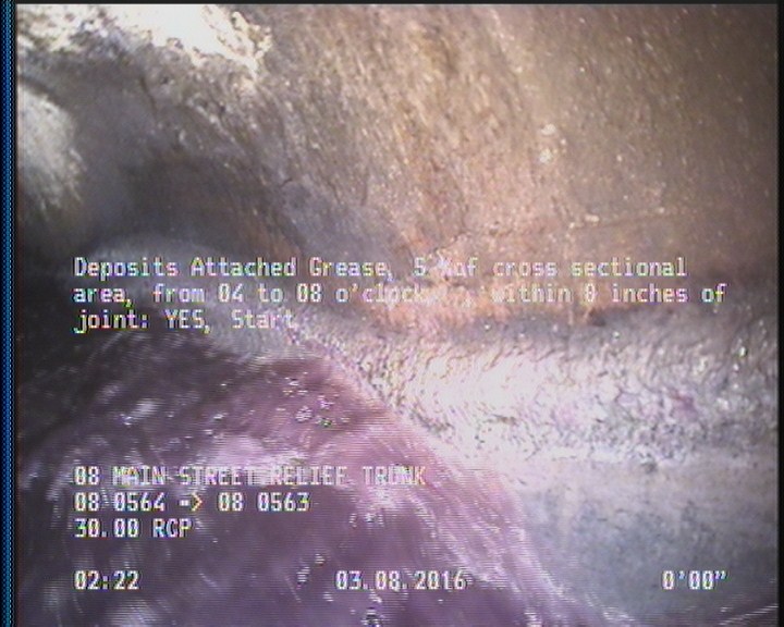 Deposits Attached Grease, 5 %of cross sectional area, from 04 to 08 o'clock, , within 8 inches of joint: YES, Start